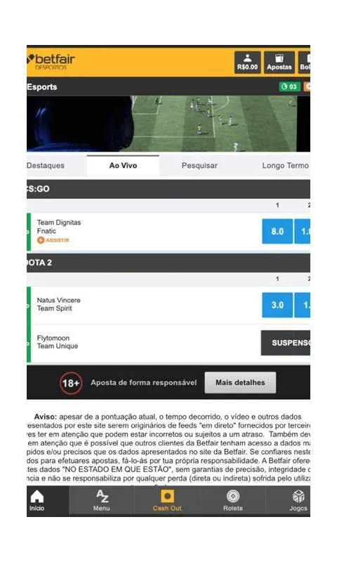 Betfair Apostas em Esports ao vivo